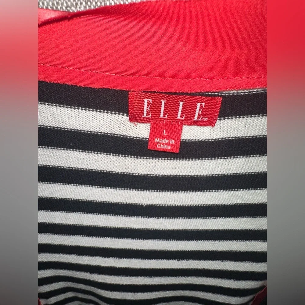 ELLE Black and White Striped w Red ruffle Button Up Cardigan Sweater Women’s L - Picture 3 of 6